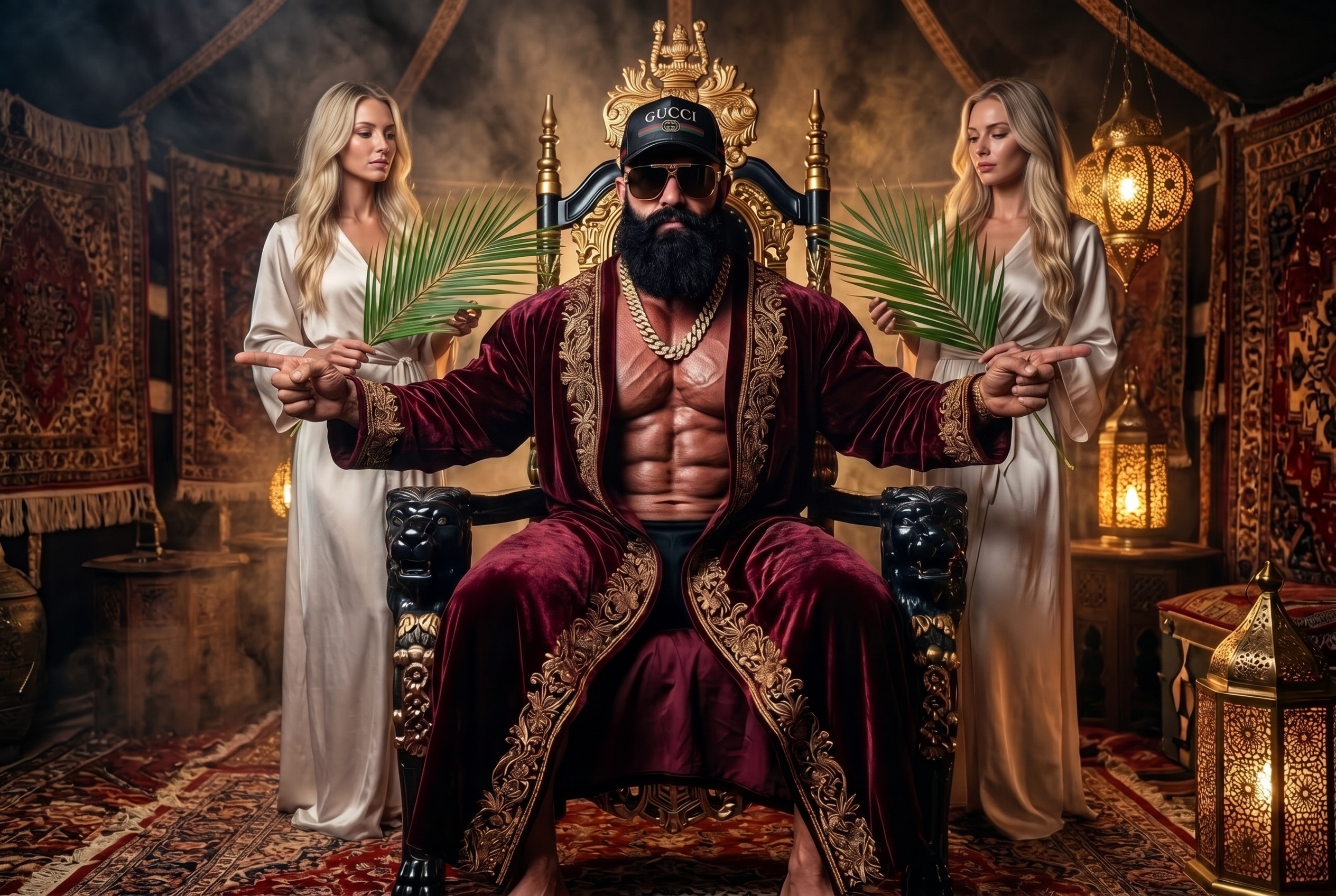 The Gucciman Monarch, enthroned, pointing to Gucciman World on his left hand and The Great Australian Farce on his right.